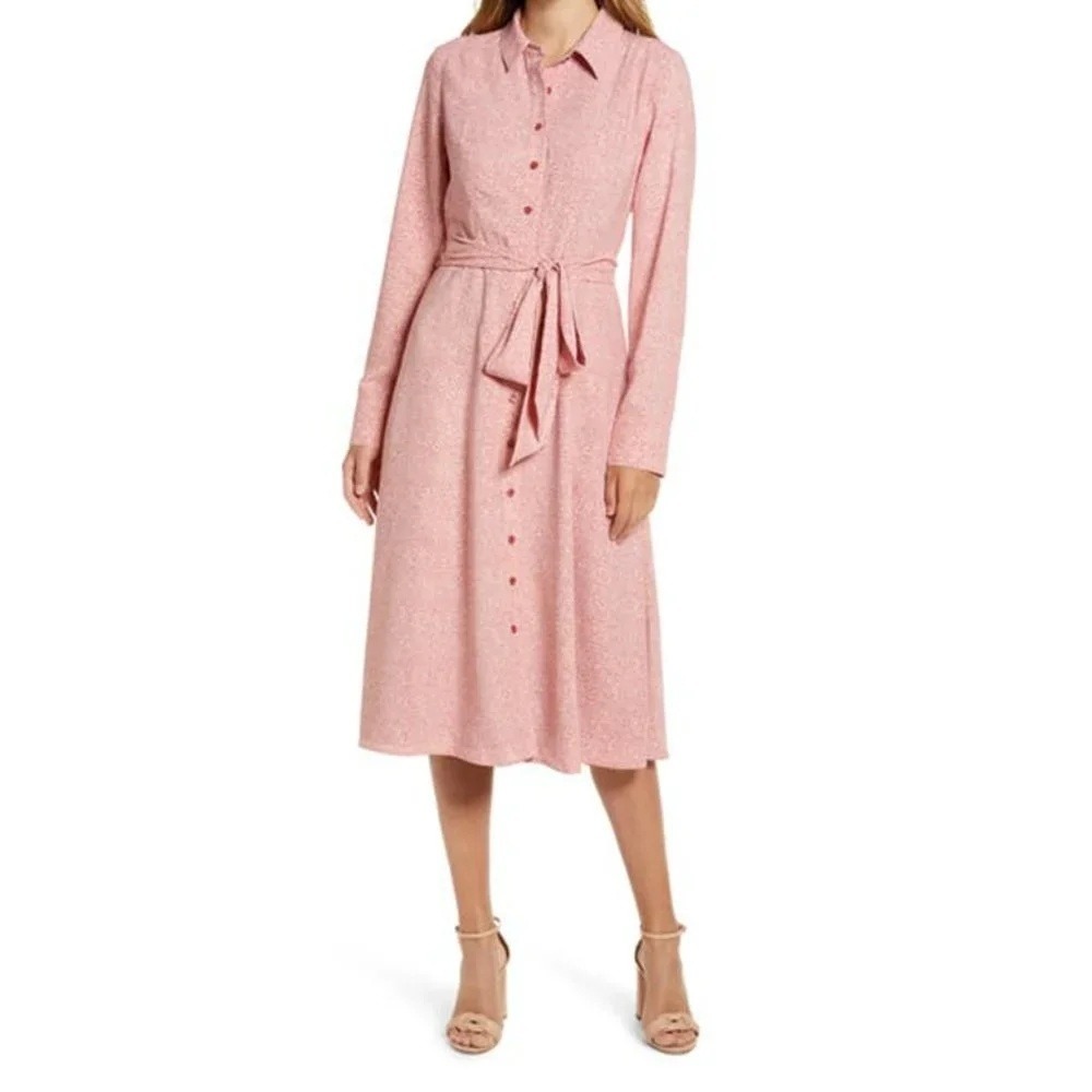 Rachel Parcell Long Sleeve Shirtdress Size L Pink Cheetah Animal Print Tie Waist